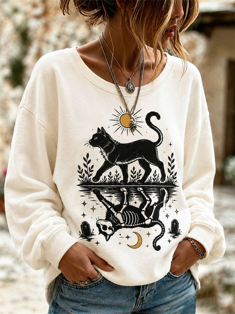 Women's Halloween Cream Black Cat Skeleton Print Round Neck Long Sleeve Sweatshirt