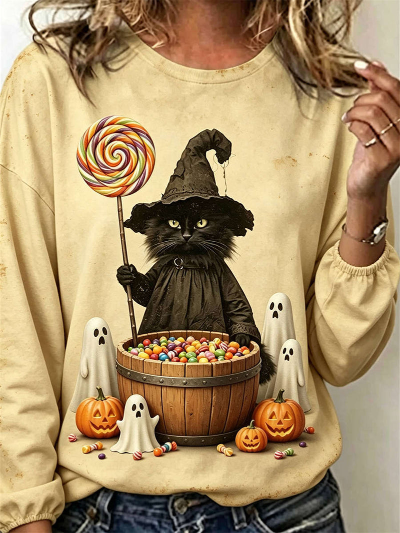 Women's Halloween Beige Black Cat Candy Ghost Print Round Neck Long Sleeve Sweatshirt