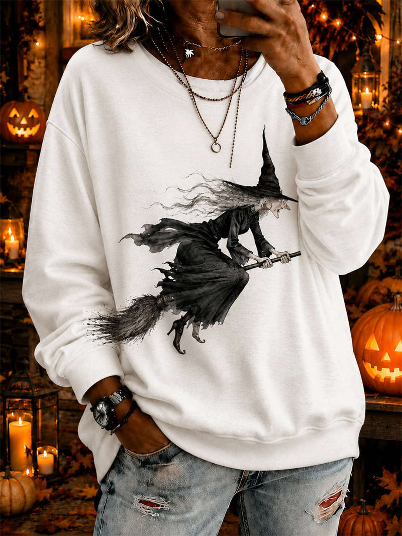 Women's Halloween White Witch Print Round Neck Long Sleeve Sweatshirt