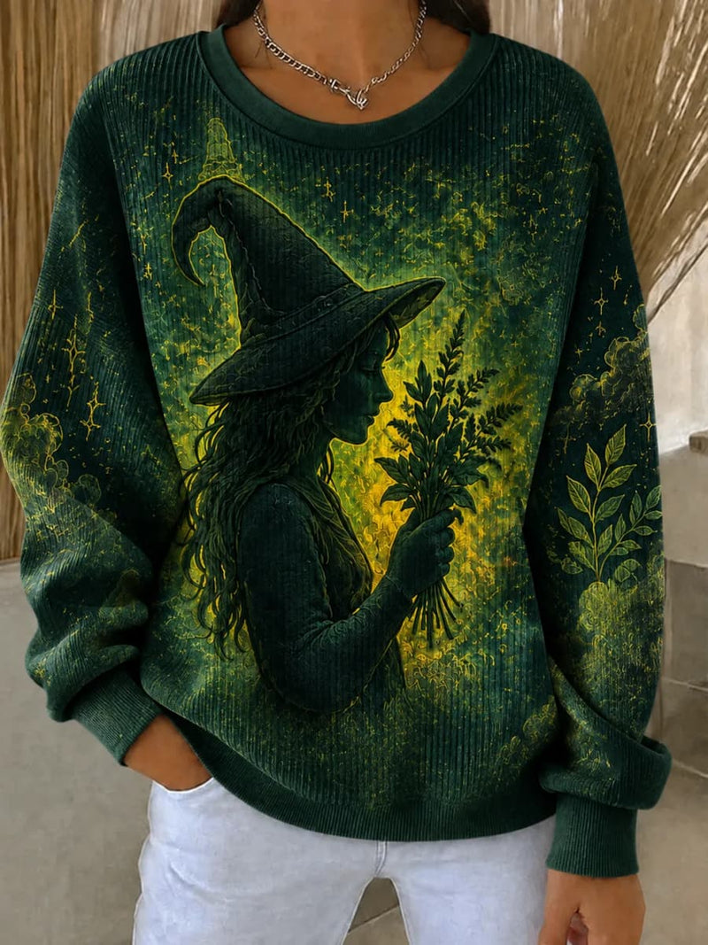 Women's Halloween Green Witch Art Print Round Neck Sweatshirt