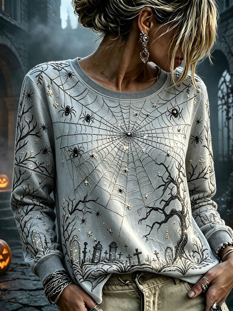 Women's Halloween Grey Spider Web Tombstone Print Round Neck Sweatshirt