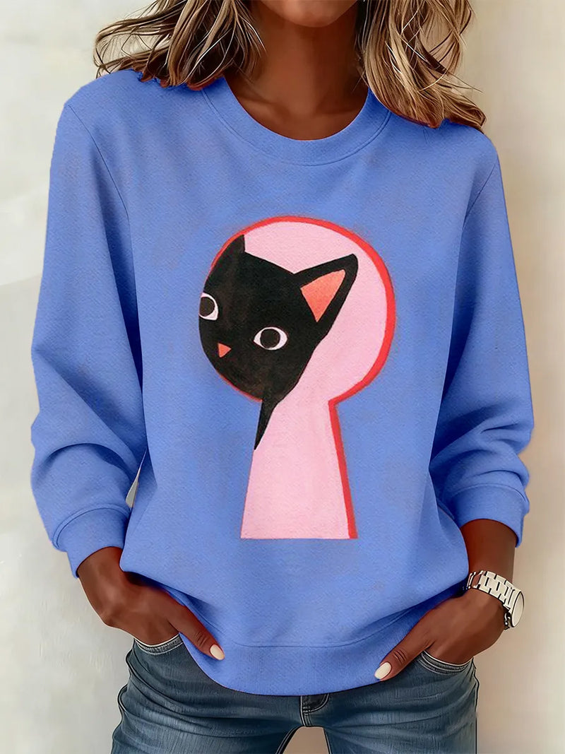 Women's Light Blue Cat Keyhole Art Print Round Neck Sweatshirt