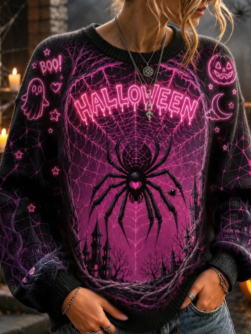 Women's Halloween Multi Spider Ghost Pumpkin Print Round Neck Sweatshirt