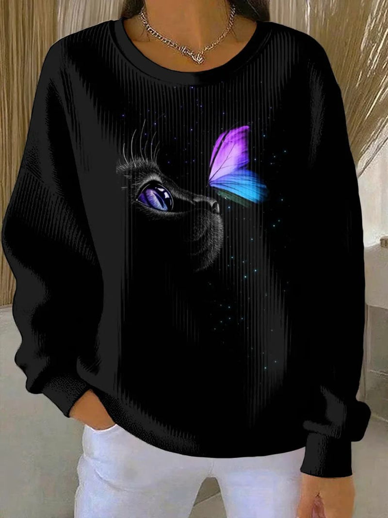 Women's Black Cat Butterfly Print Round Neck Long Sleeve Sweatshirt