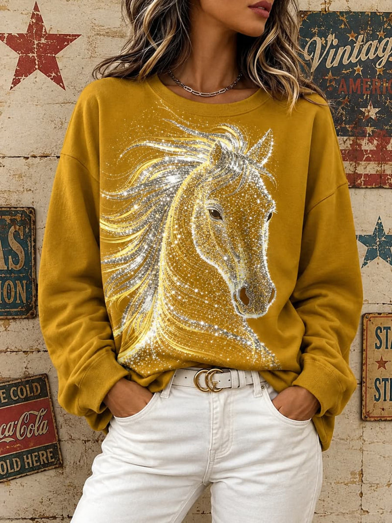 Women's Mustard Horse Art Print Round Neck Sweatshirt