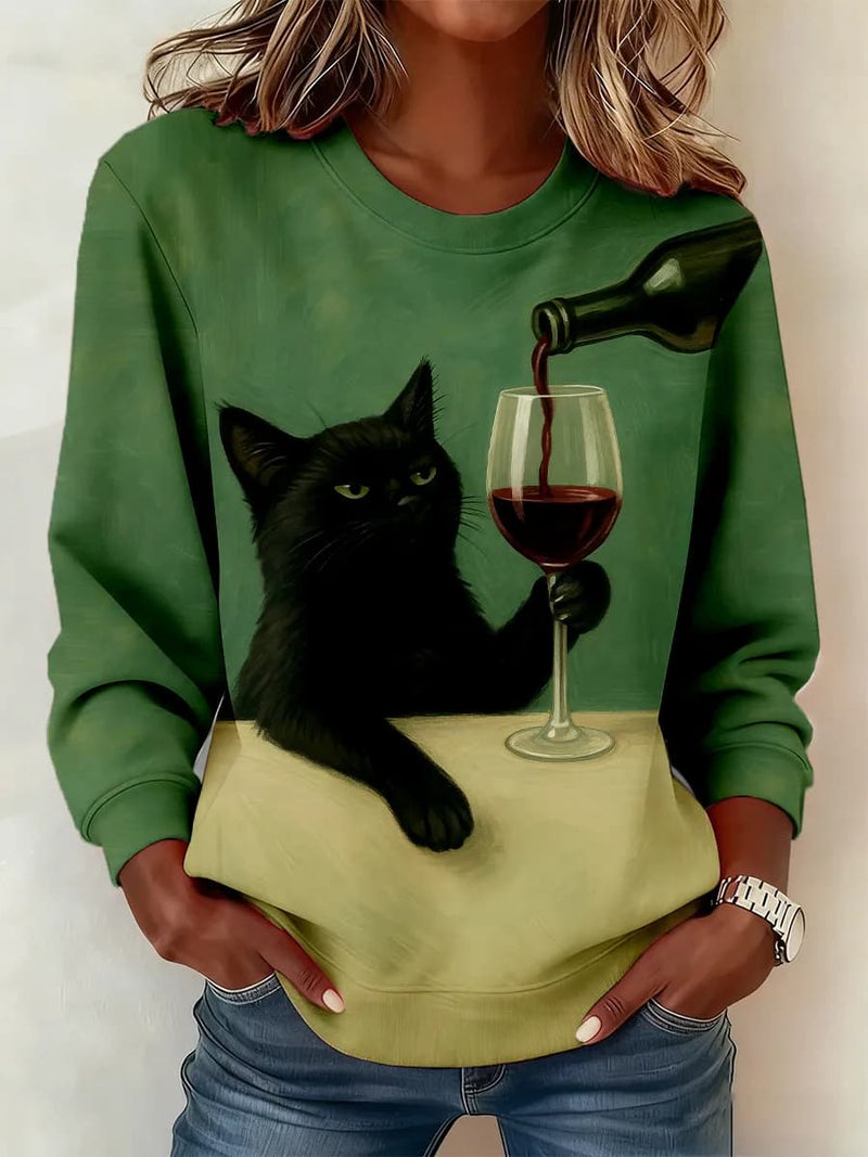 Women's Green Funny Cat Wine Print Round Neck Sweatshirt
