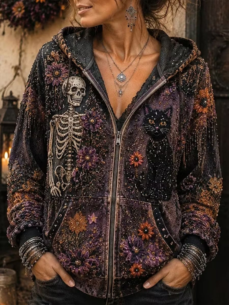 Women's Halloween Multi Skeleton Cat Floral Print Hooded Long Sleeve Hoodie