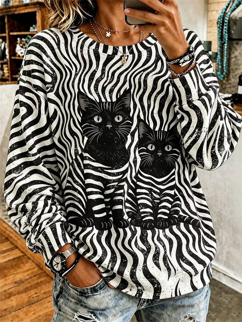 Women's Multi Cat Zebra Print Round Neck Long Sleeve Sweatshirt