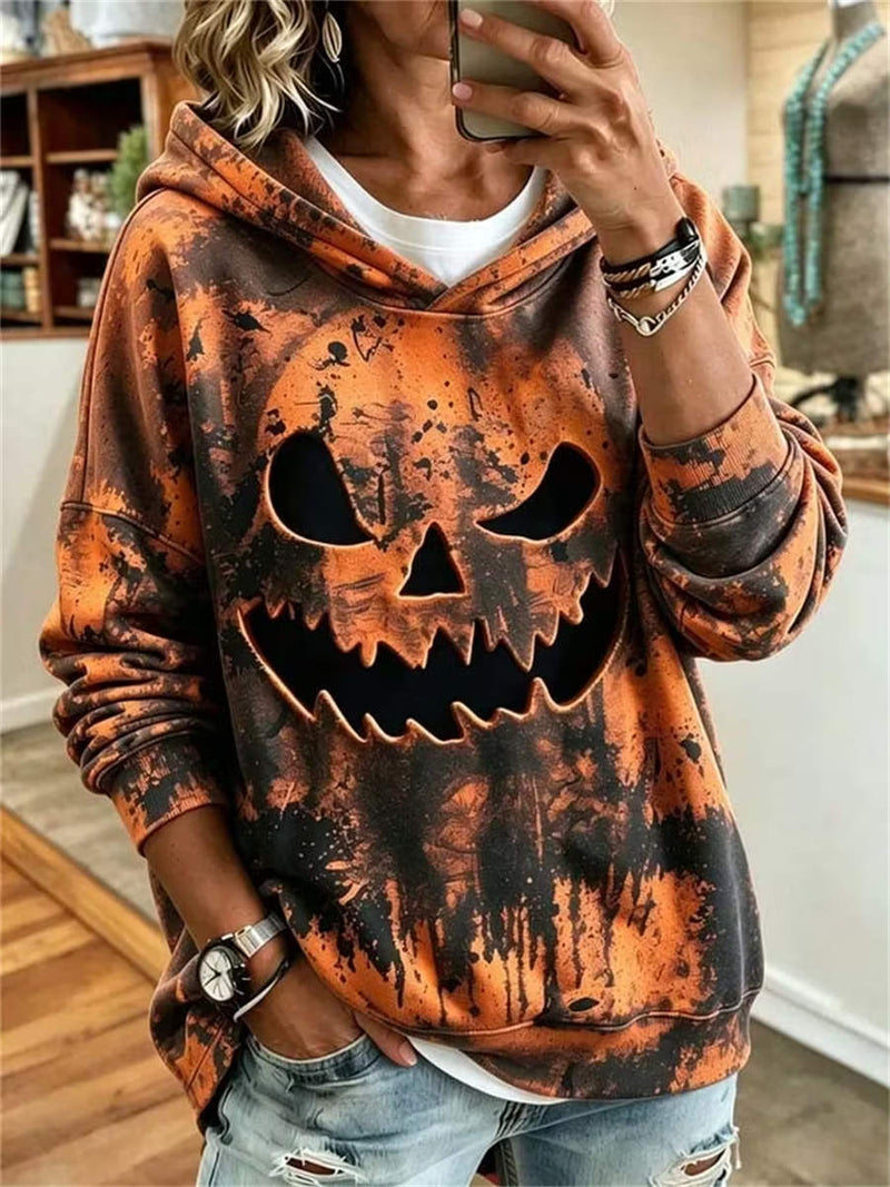 Women's Halloween Orange Skeleton Pumpkin Face Print Hooded Long Sleeve Hoodie
