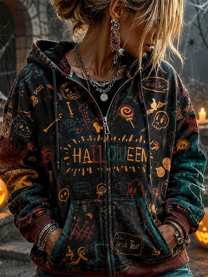 Women's Halloween Black Halloween Graphic Print Hooded Long Sleeve Hoodie