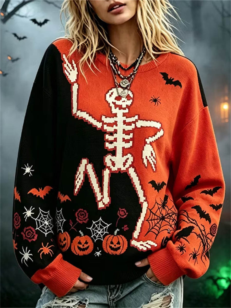 Women's Halloween Multi Skeleton Pumpkin Bat Print Round Neck Long Sleeve Sweatshirt