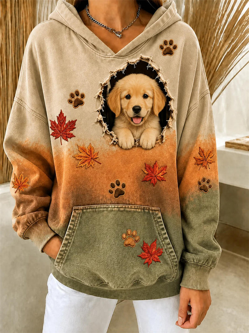 Women's Khaki Dog Maple Leaf Paw Print Hooded Long Sleeve Hoodie