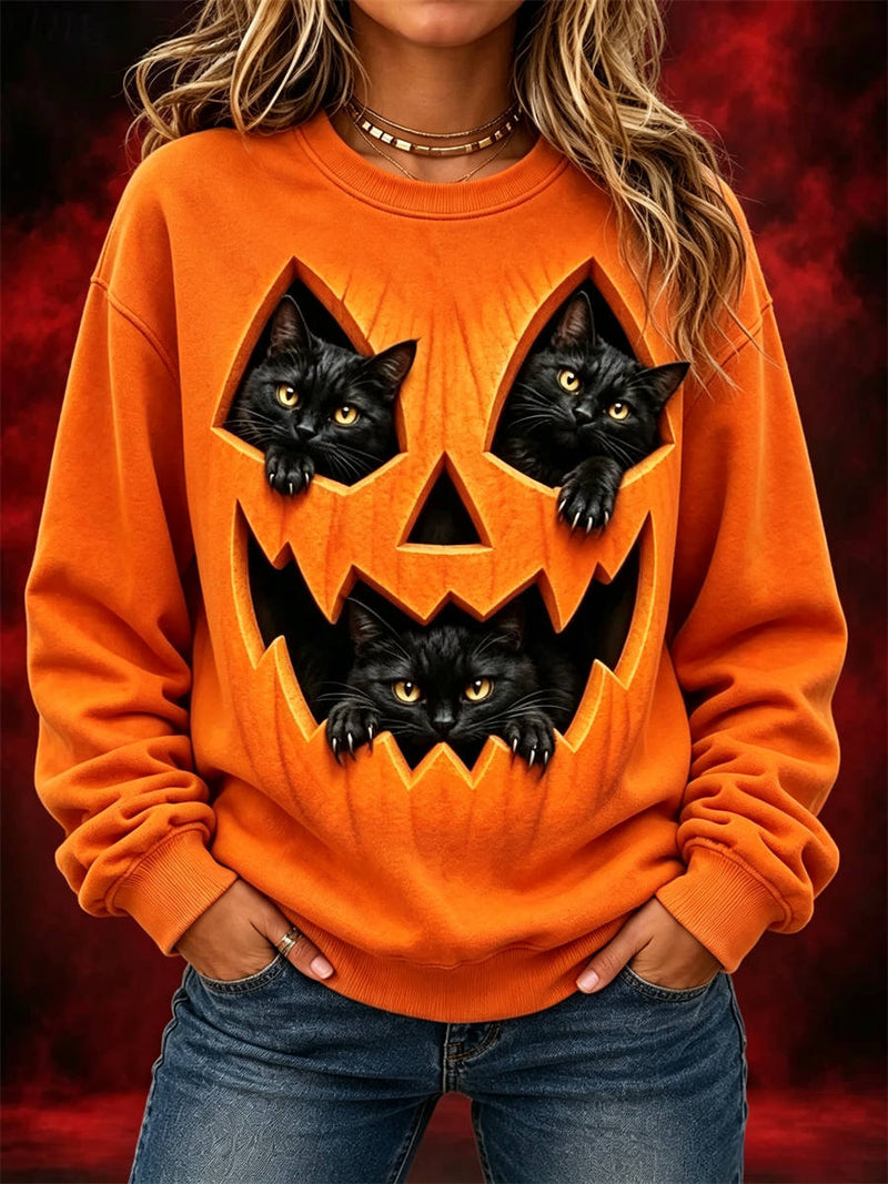 Women's Halloween Orange Pumpkin Cat Print Round Neck Long Sleeve Sweatshirt