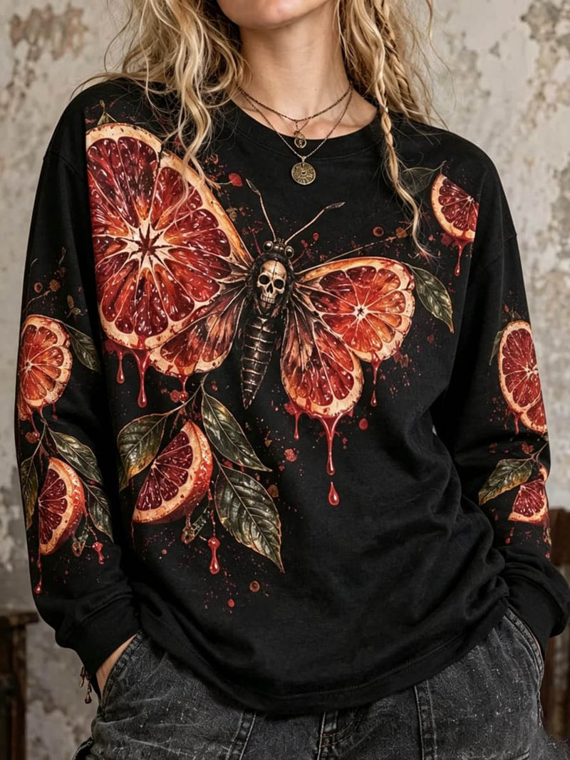 Women's Halloween Black Blood Orange Moth Skull Print Round Neck Long Sleeve Sweatshirt