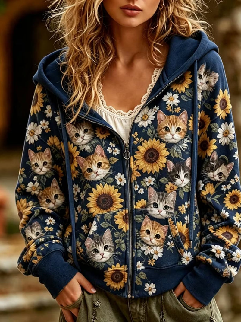 Women's Navy Cat Sunflower Print Hooded Long Sleeve Hoodie