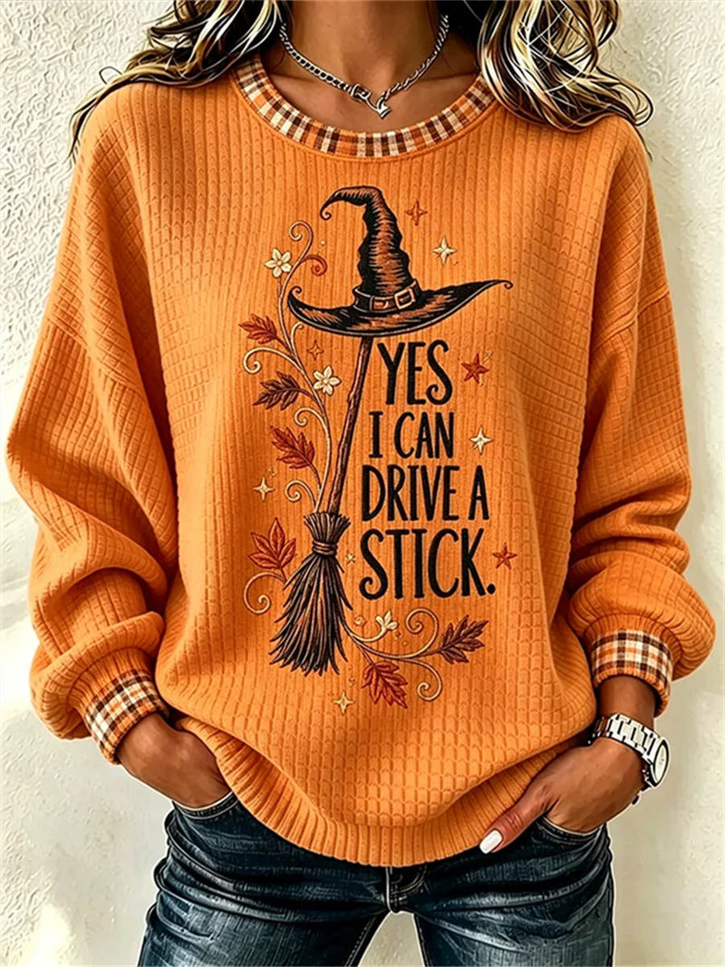 Women's Halloween Orange Witch Broom Letter Print Round Neck Long Sleeve Sweatshirt