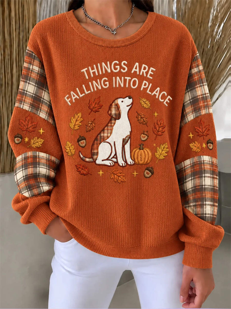 Women's Thanksgiving Orange Dog Plaid Sleeve Print Round Neck Long Sleeve Sweatshirt