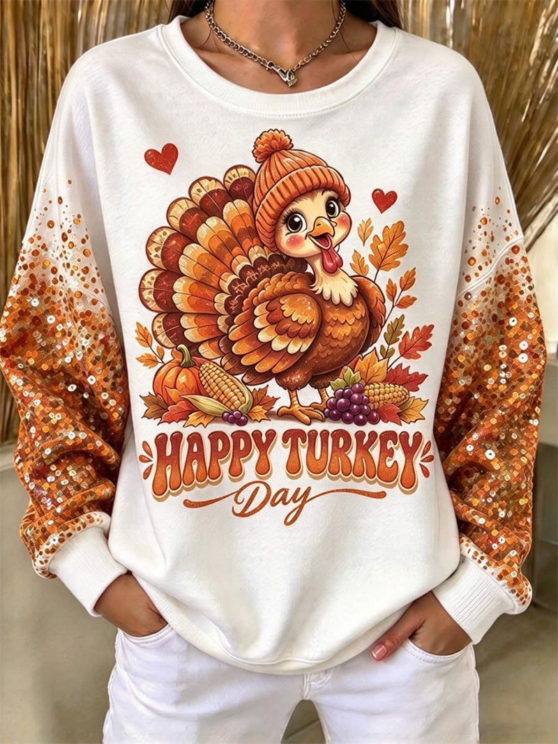Women's Thanksgiving White Turkey Letter Print Round Neck Long Sleeve Sweatshirt