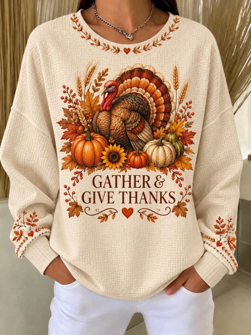 Women's Thanksgiving Cream Turkey Pumpkin Maple Leaf Print Round Neck Long Sleeve Sweatshirt