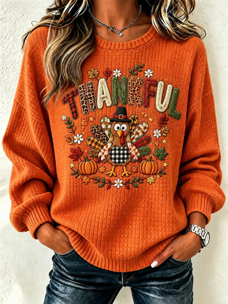 Women's Thanksgiving Orange Cartoon Turkey Pumpkin Print Round Neck Long Sleeve Sweatshirt