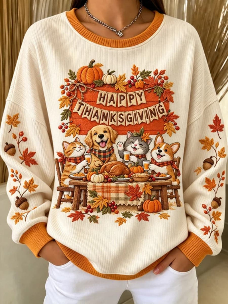 Women's Thanksgiving Cream Pet Pumpkin Maple Leaf Print Crew Neck Long Sleeve Sweatshirt