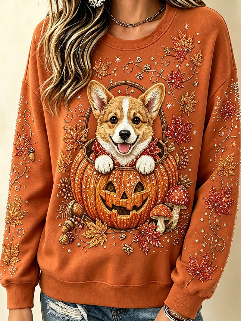 Women's Halloween Orange Dog Pumpkin Print Round Neck Long Sleeve Sweatshirt