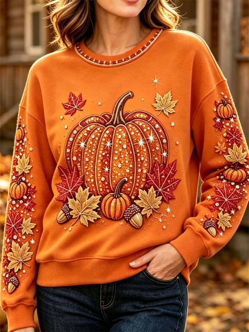 Women's Halloween Orange Pumpkin Leaf Print Round Neck Long Sleeve Sweatshirt