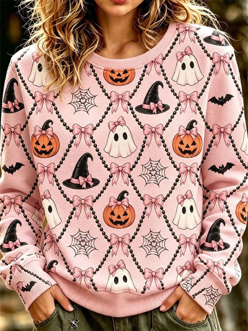 Women's Halloween Pink Halloween Print Round Neck Long Sleeve Sweatshirt