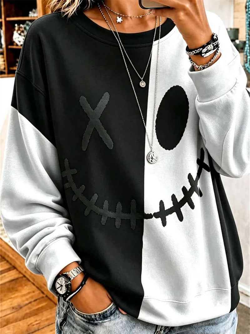 Women's Halloween Black White Face Print Round Neck Long Sleeve Sweatshirt