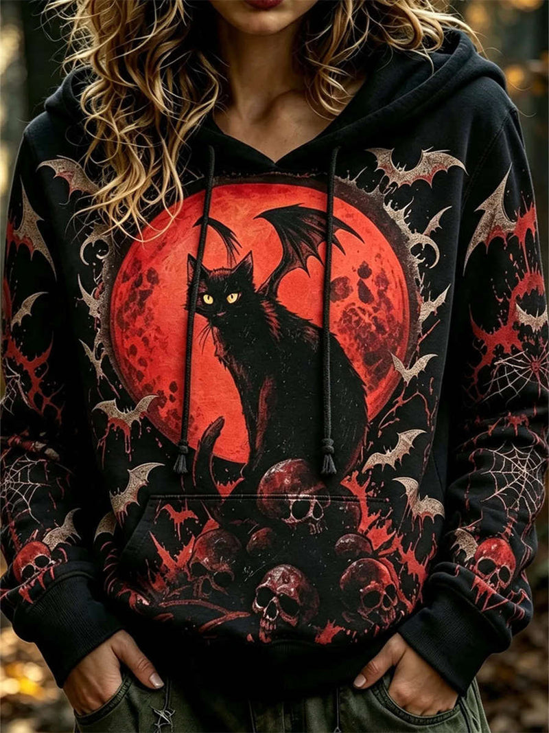 Women's Halloween Black Bat Cat Hooded Hoodie