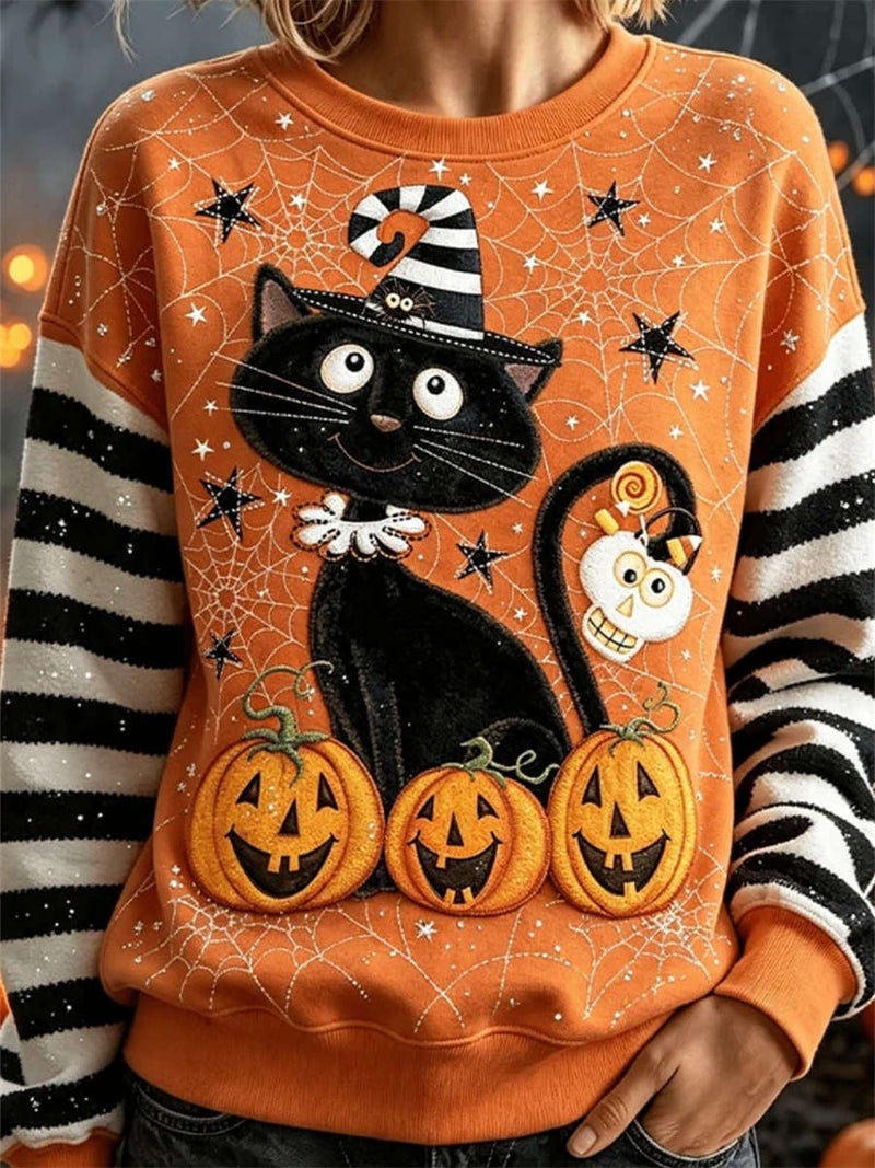 Women's Halloween Orange Cat Patchwork Print Round Neck Long Sleeve Sweatshirt