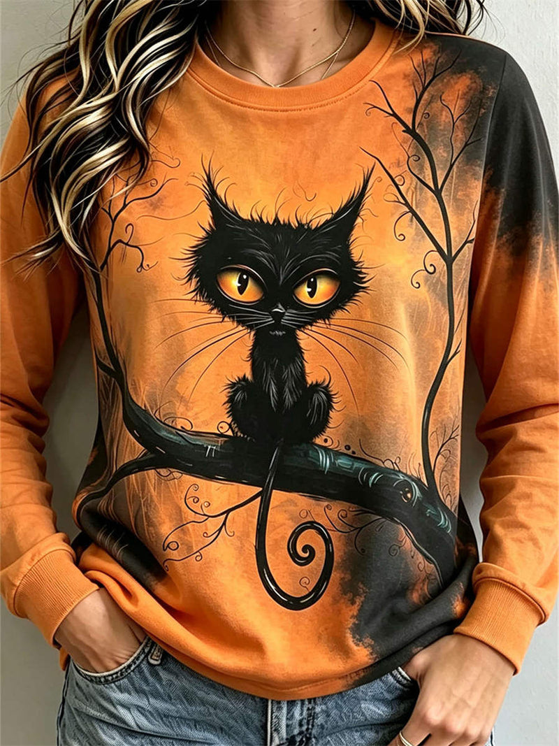 Women's Halloween Orange Black Cat Print Round Neck Long Sleeve Sweatshirt