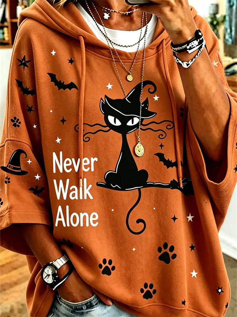 Women's Halloween Orange Witch Cat Print Hooded Short Sleeve Hoodie