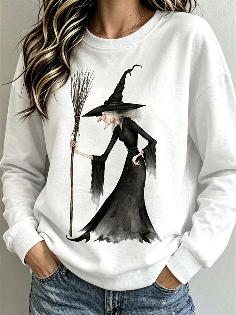 Women's Halloween White Witch Broom Print Round Neck Long Sleeve Sweatshirt