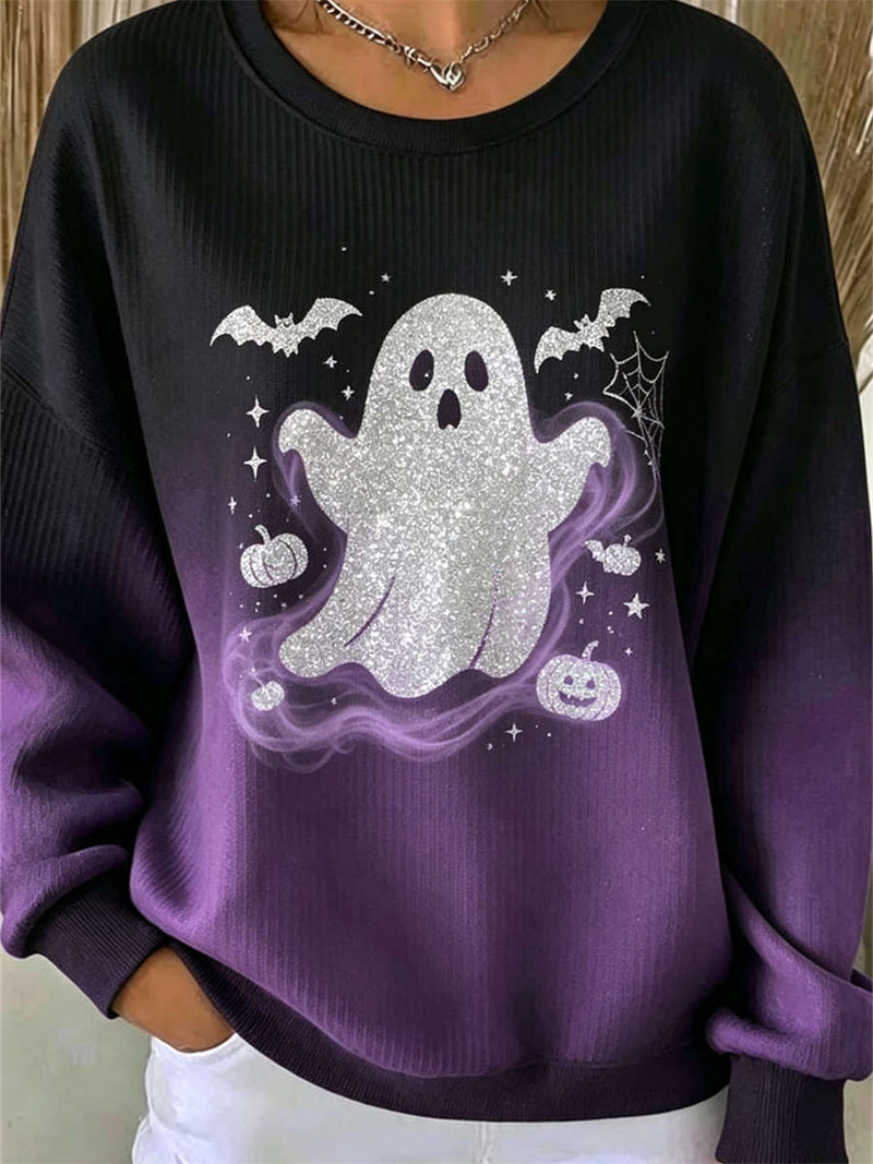 Women's Halloween Black Purple Glitter Ghost Print Round Neck Long Sleeve Sweatshirt