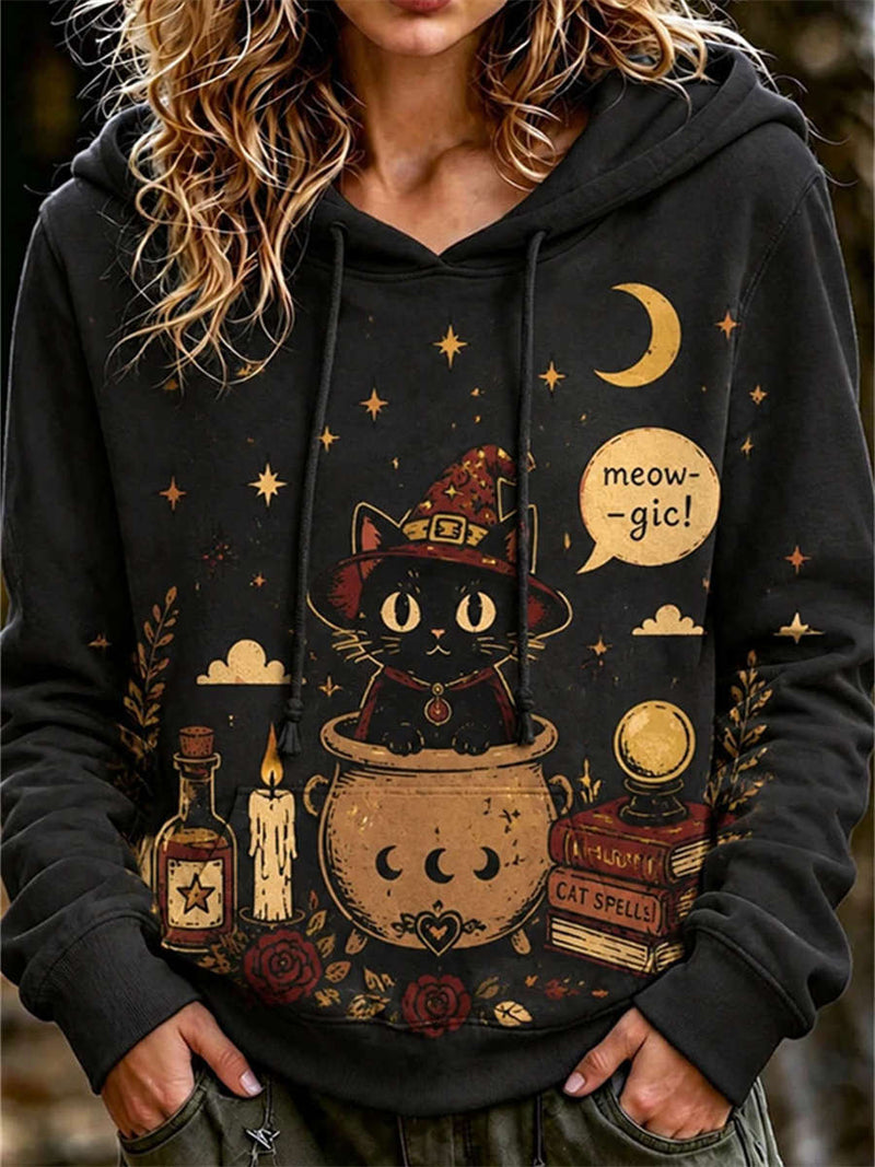 Women's Halloween Black Witch Cat Cauldron Print Hooded Long Sleeve Hoodie