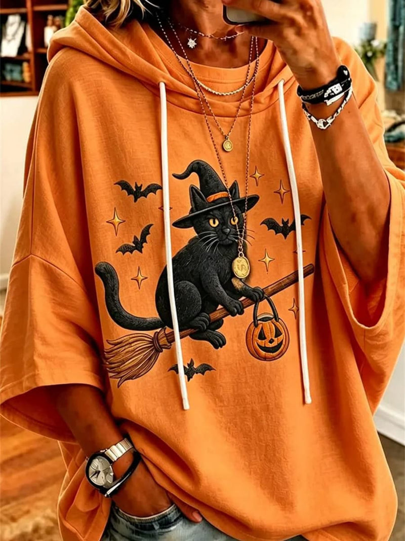 Women's Halloween Orange Witch Cat Print Hooded Short Sleeve Hoodie