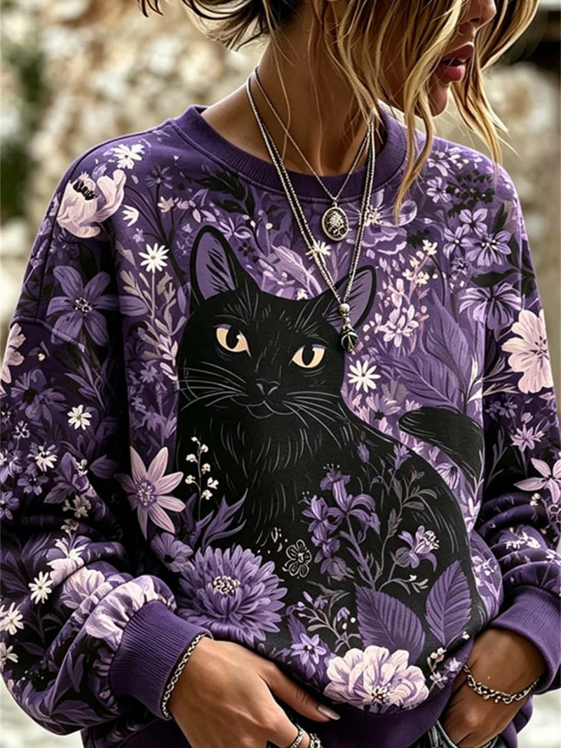 Women's Purple Cat Floral Print Round Neck Long Sleeve Sweatshirt