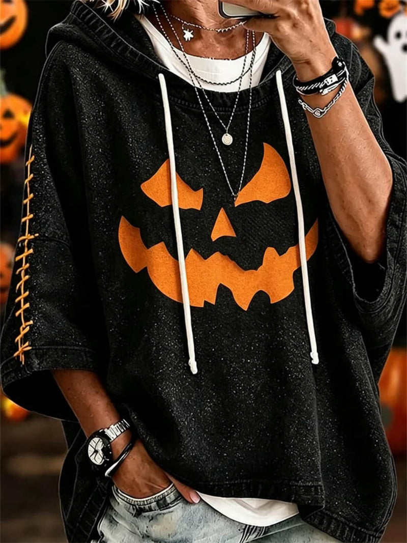 Women's Halloween Black Pumpkin Print Hooded Short Sleeve Hoodie