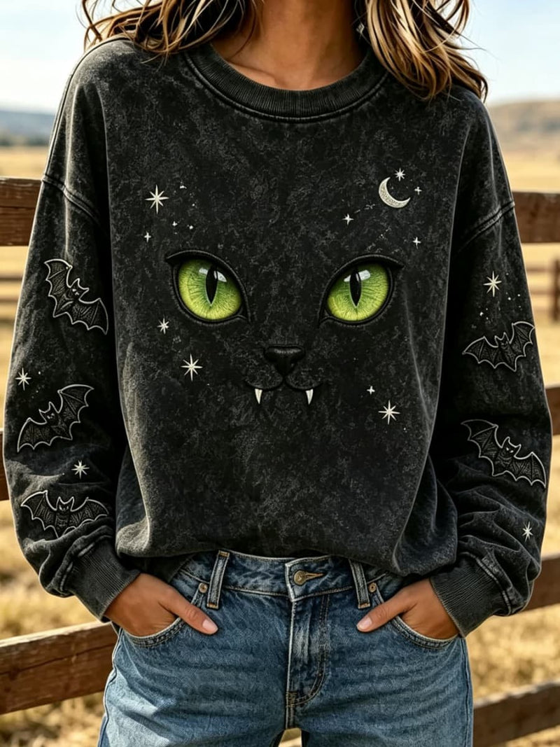 Women's Halloween Black Cat Bat Print Round Neck Long Sleeve Sweatshirt