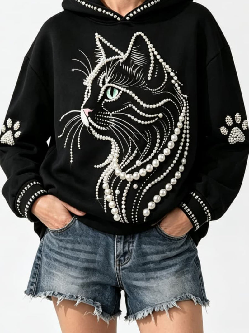 Women's Black Cat Pearl Print Hooded Long Sleeve Hoodie