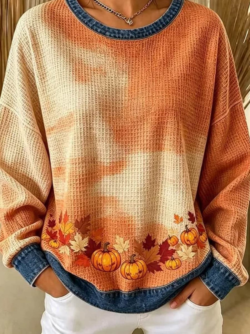 Women's Halloween Orange Pumpkin Denim Print Round Neck Long Sleeve Sweatshirt