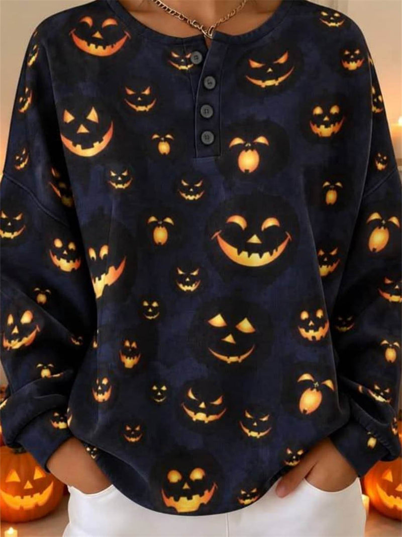 Women's Halloween Navy Pumpkin Face Print Henley Neck Long Sleeve Sweatshirt