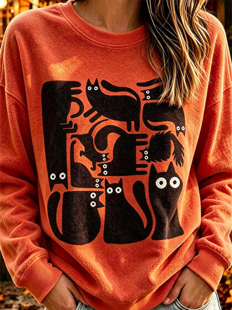 Women's Orange Cat Print Round Neck Long Sleeve Sweatshirt