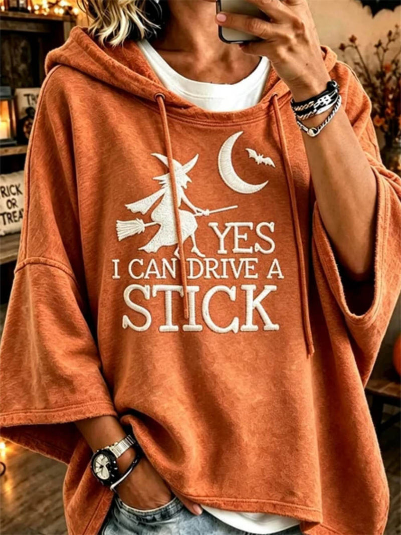 Women's Halloween Orange Witch Print Hooded 3/4 Sleeve Hoodie