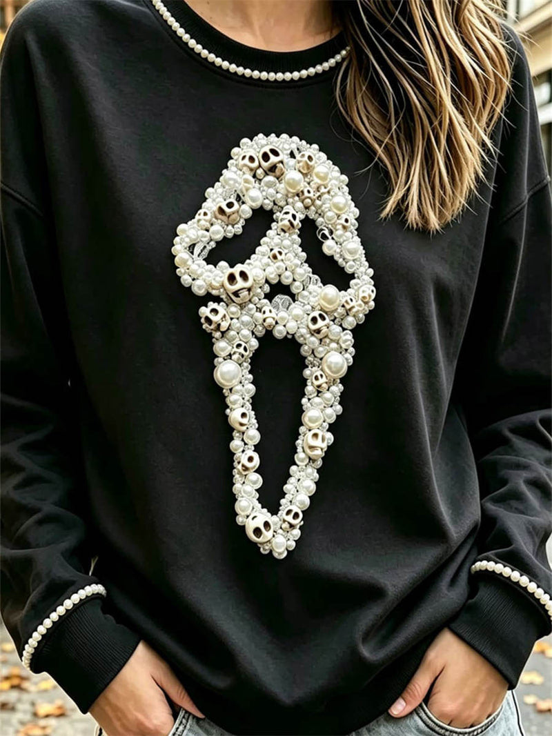 Women's Halloween Black Pearl Skull Print Round Neck Long Sleeve Sweatshirt