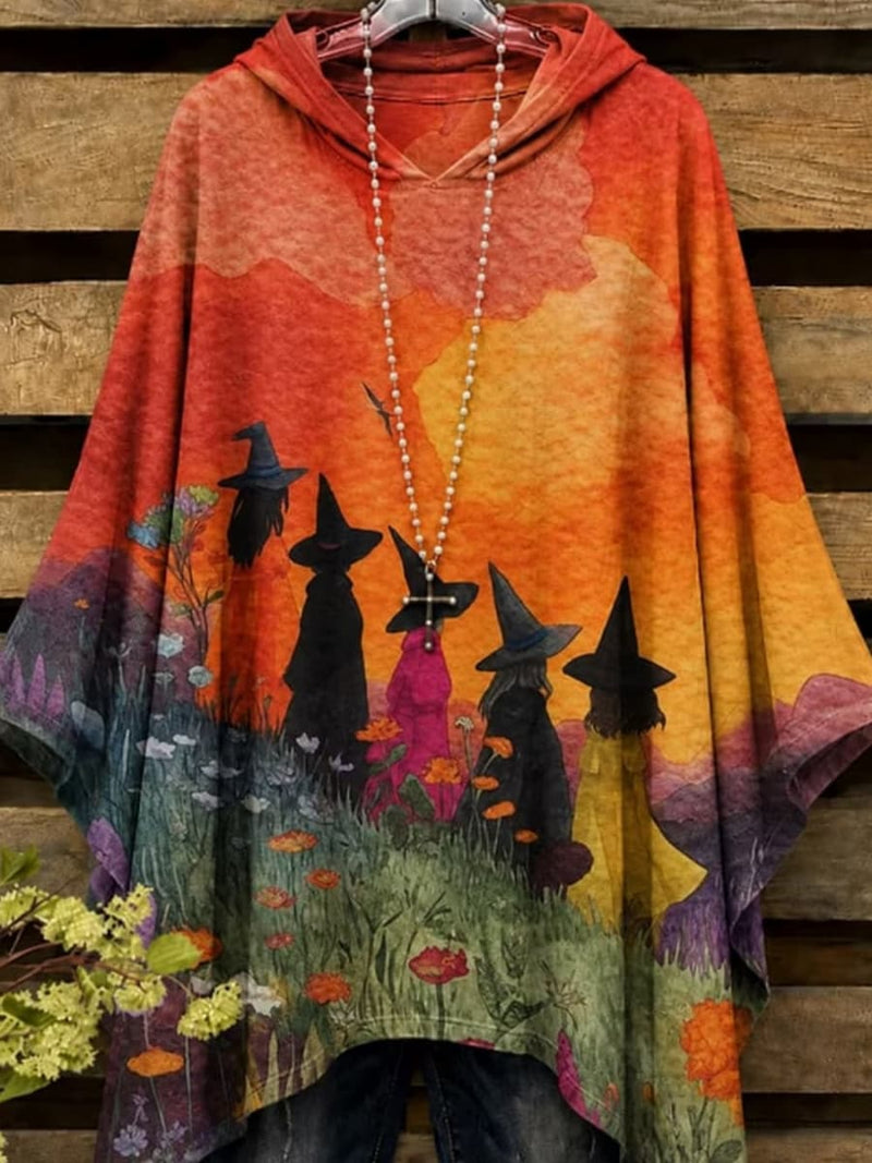 Women's Halloween Orange Witch Print Hooded Long Sleeve Hoodie