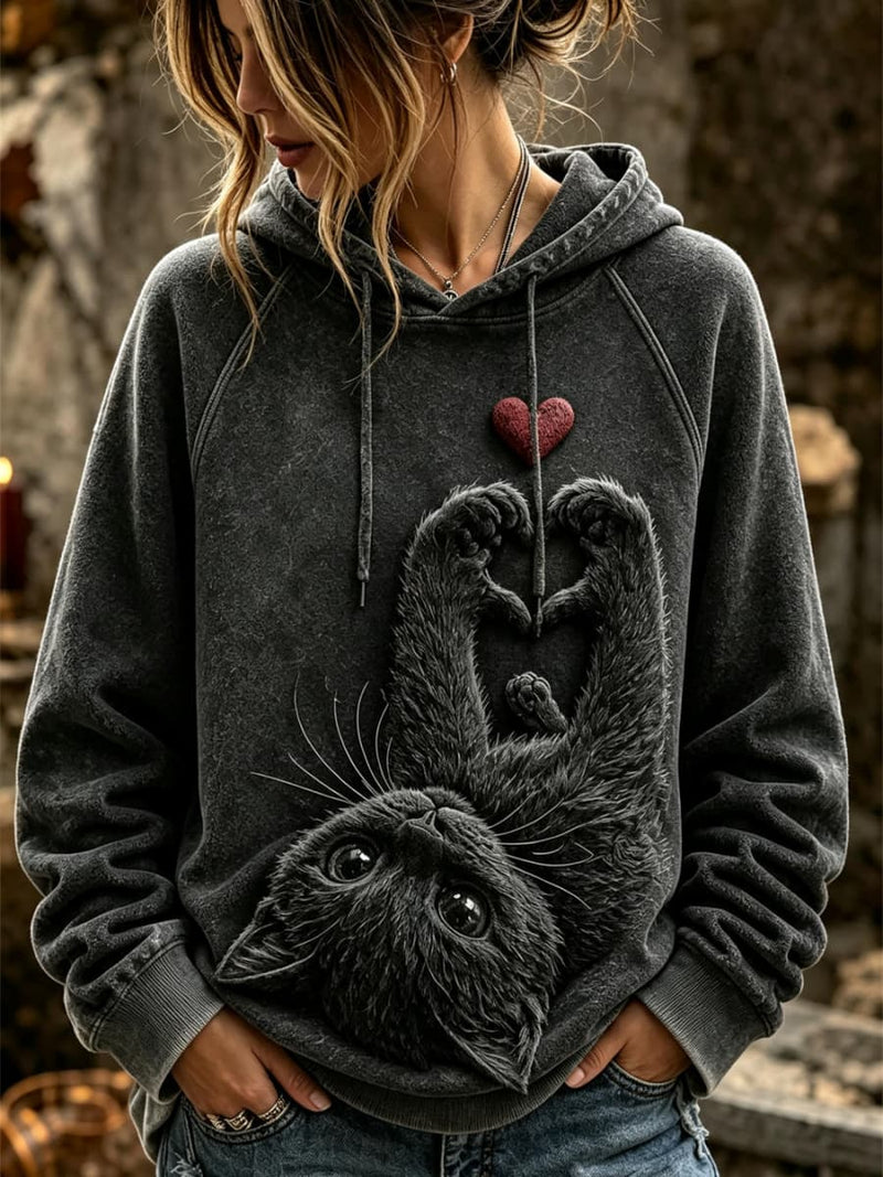 Women's Dark Grey Cat Heart Print Hooded Long Sleeve Hoodie