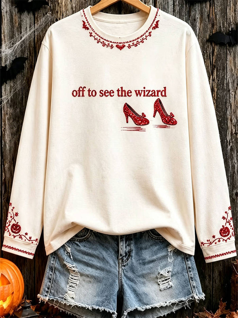 Women's Halloween Beige Red Shoes Print Round Neck Long Sleeve Sweatshirt