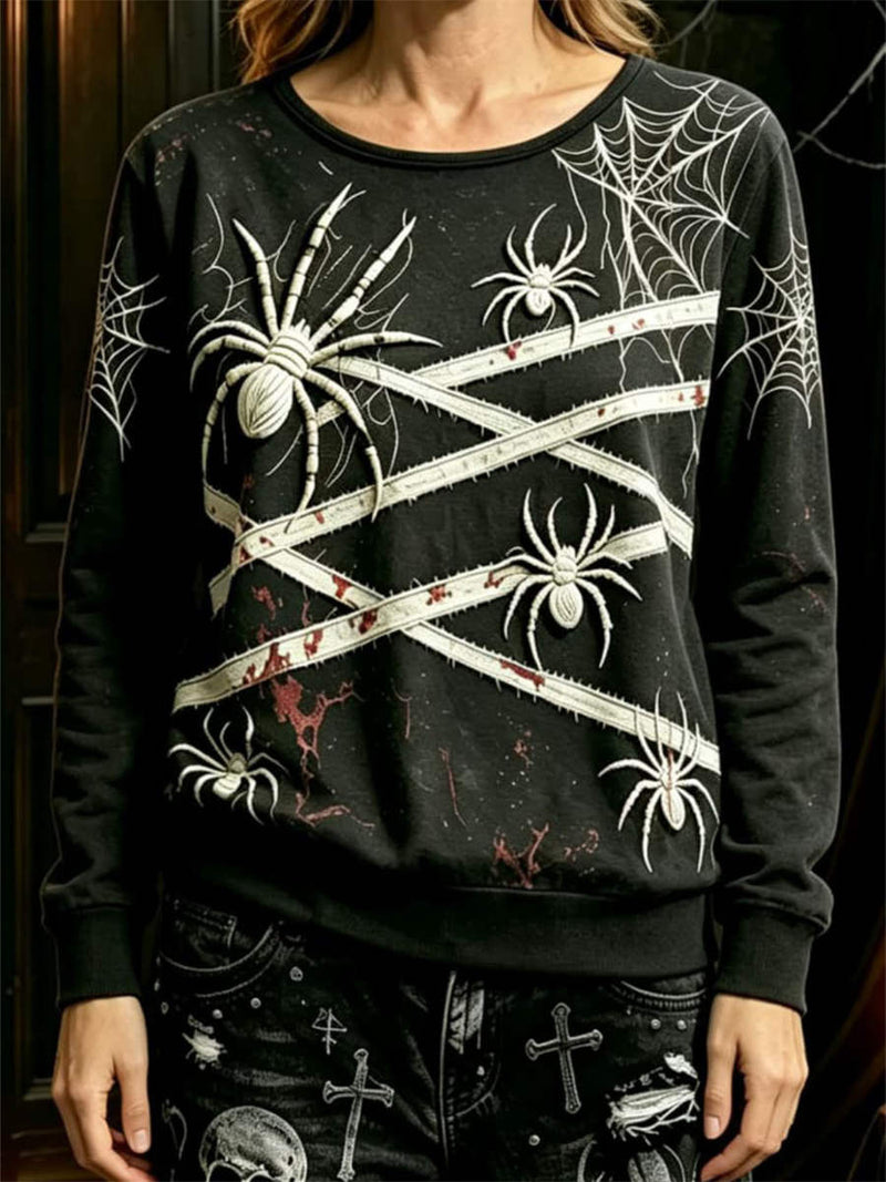 Women's Halloween Black Spider Web Print Round Neck Long Sleeve Sweatshirt